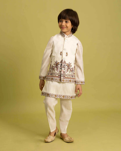 White Kurta Set With Thread Sequins Embroidery Work Koti
