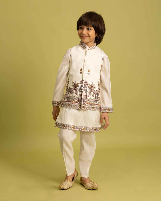 White Kurta Set With Thread Sequins Embroidery Work Koti