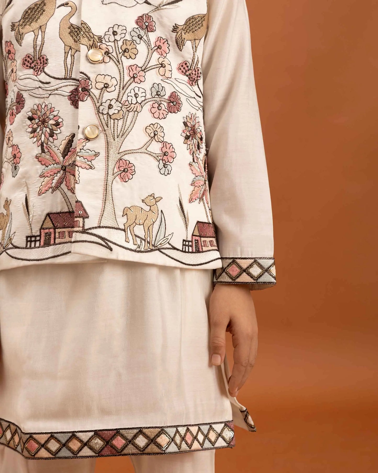 White Thread Sequins Embroidery Work Kurta Set With Koti