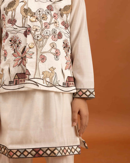 White Thread Sequins Embroidery Work Kurta Set With Koti