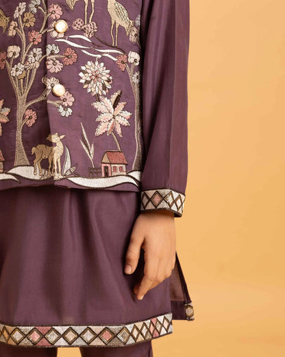 Purple Thread Sequins Embroidery Work Kurta Set With Koti