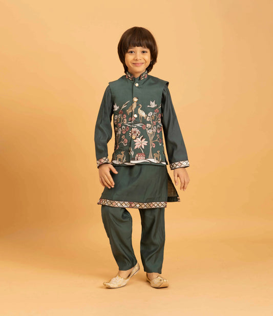 Green Thread Sequins Embroidery Work Kurta Set With Koti