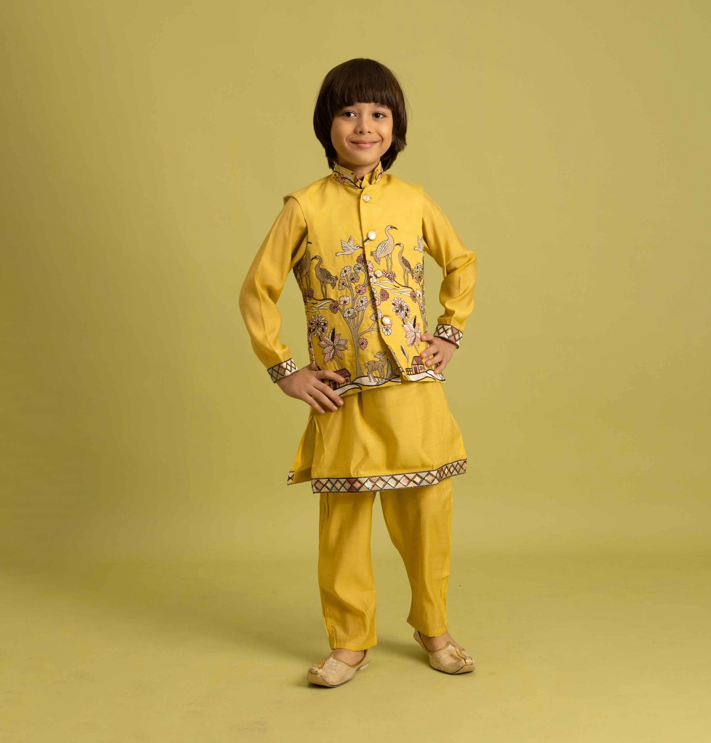 Yellow Thread Sequins Embroidery Work Kurta Set With Koti