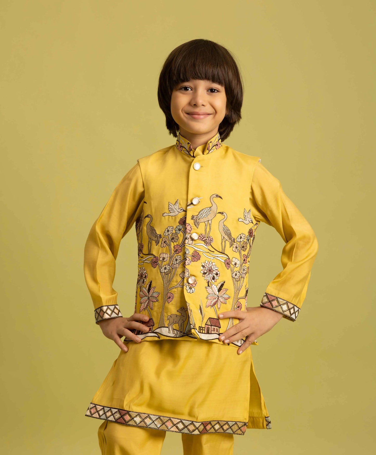 Yellow Thread Sequins Embroidery Work Kurta Set With Koti