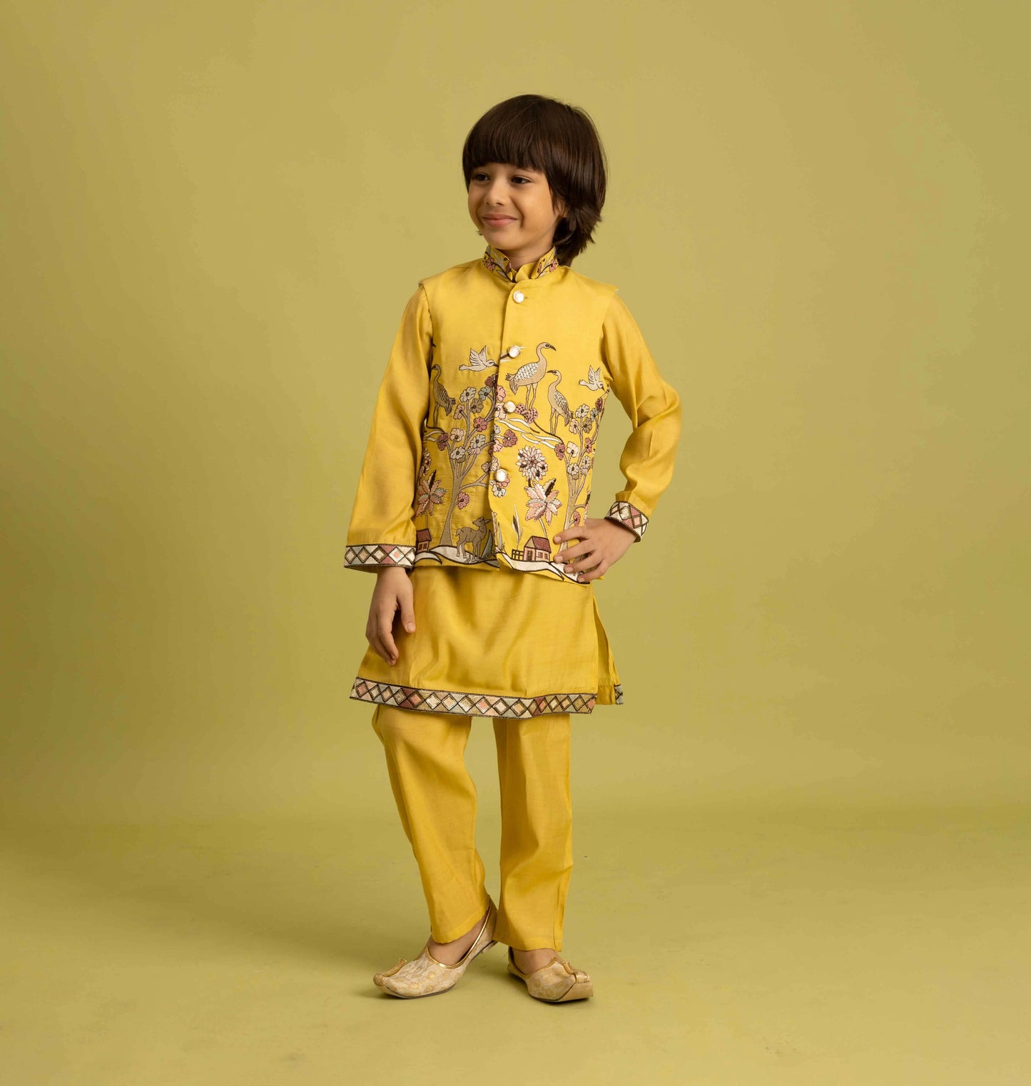 Yellow Thread Sequins Embroidery Work Kurta Set With Koti