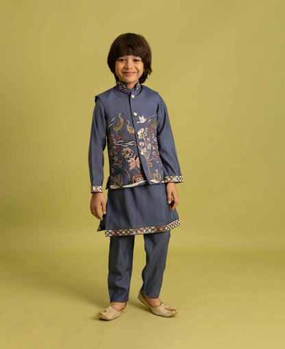 Blue Grey Thread Sequins Embroidery Kurta Set With Jacket
