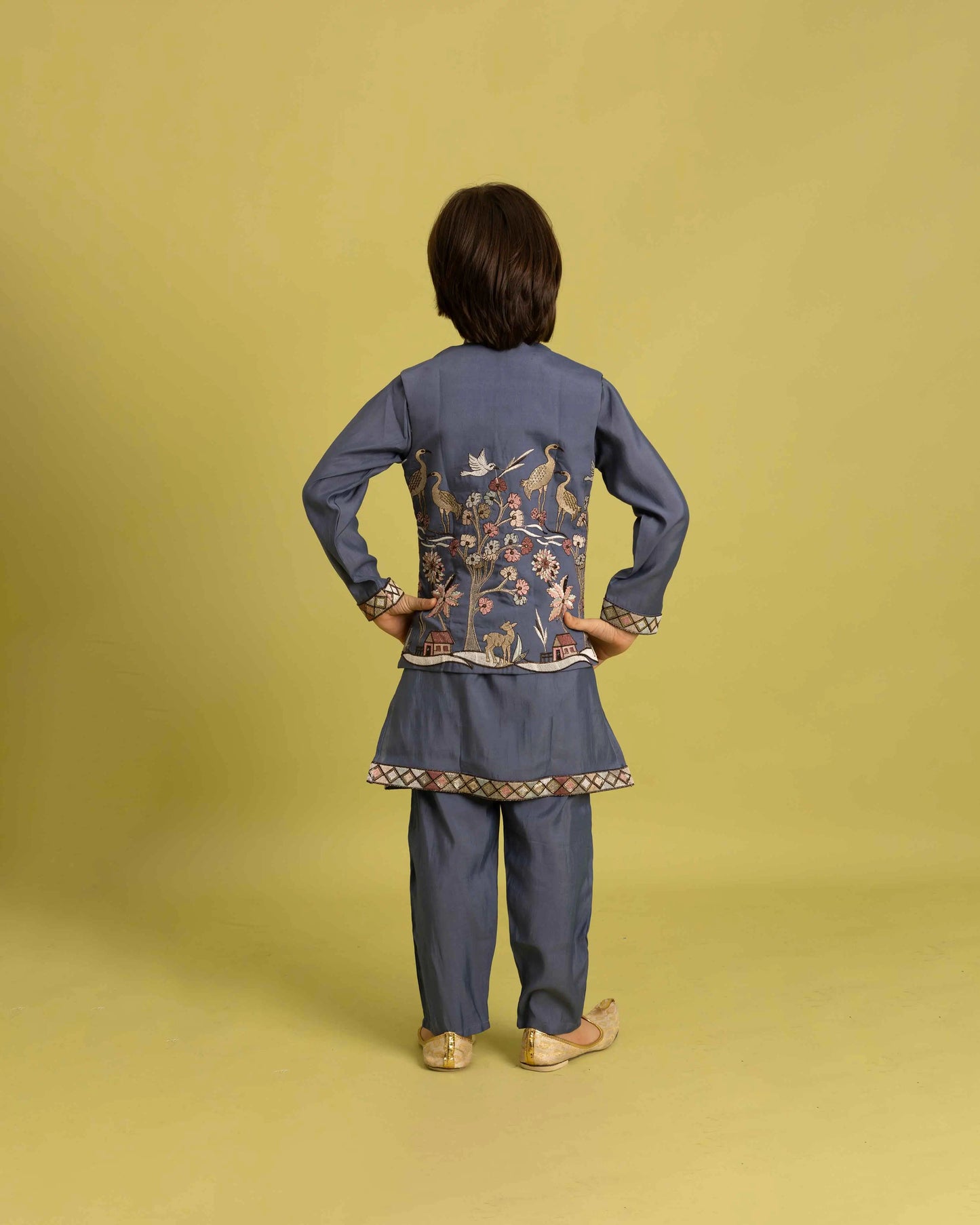 Blue Grey Thread Sequins Embroidery Kurta Set With Jacket