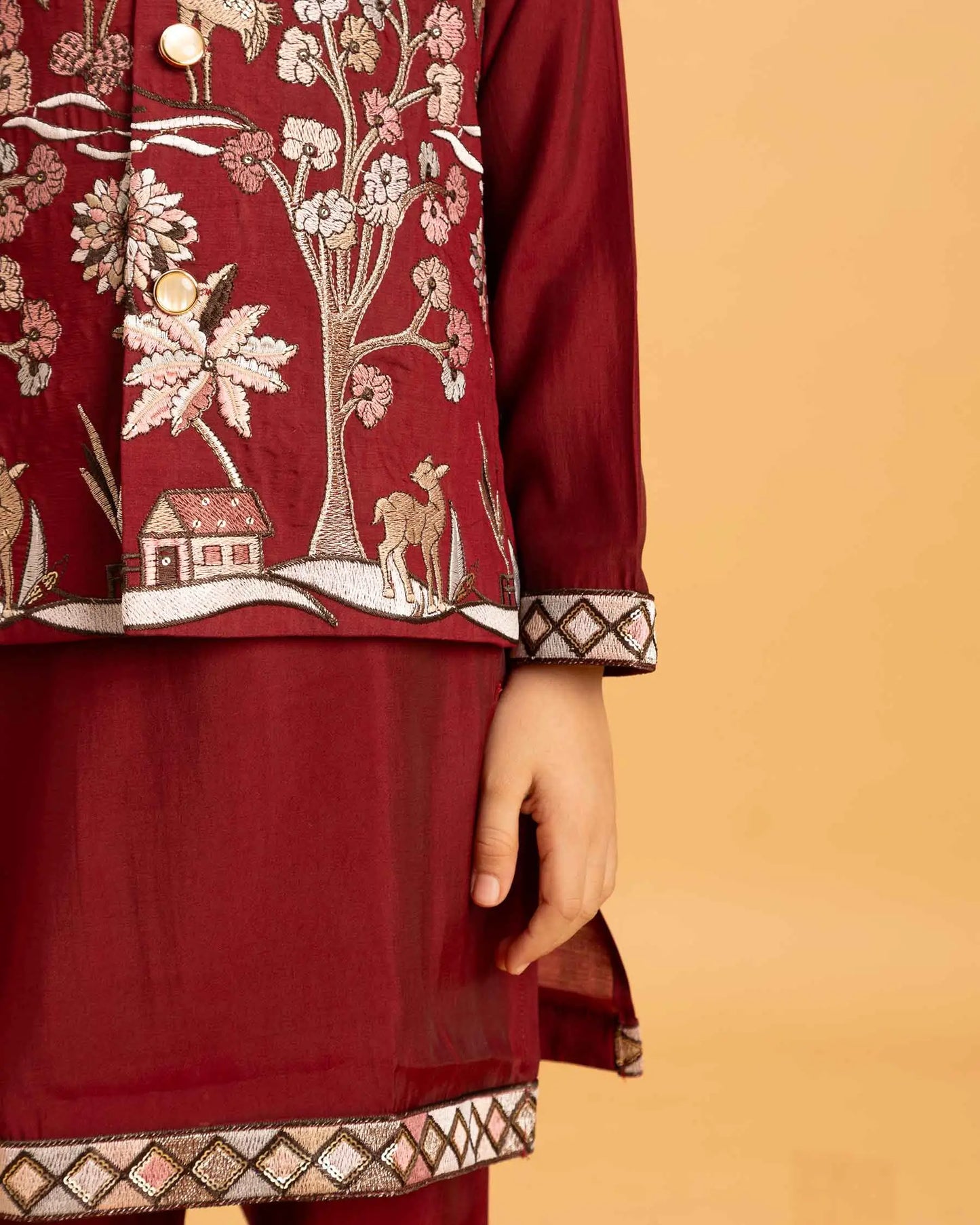 Maroon Thread Sequins Embroidery Work Kurta Set With Koti