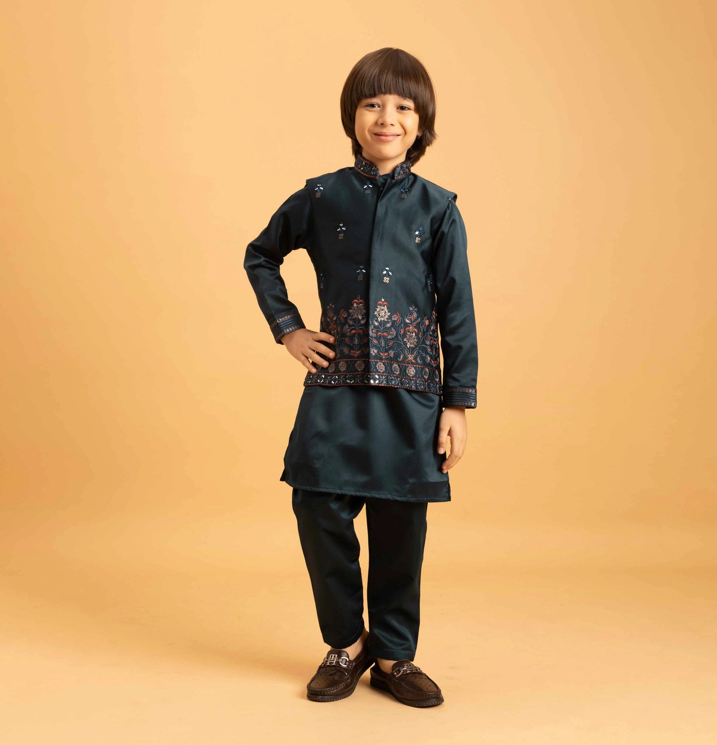 Teal Green Kurta Set With Mirror & Sequins Embroidered Koti