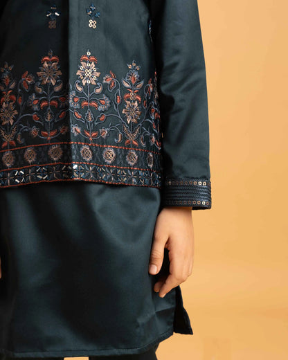 Teal Green Kurta Set With Mirror & Sequins Embroidered Koti