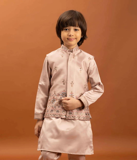 Rose Gold Kurta Set With Mirror & Sequins Embroidered Koti