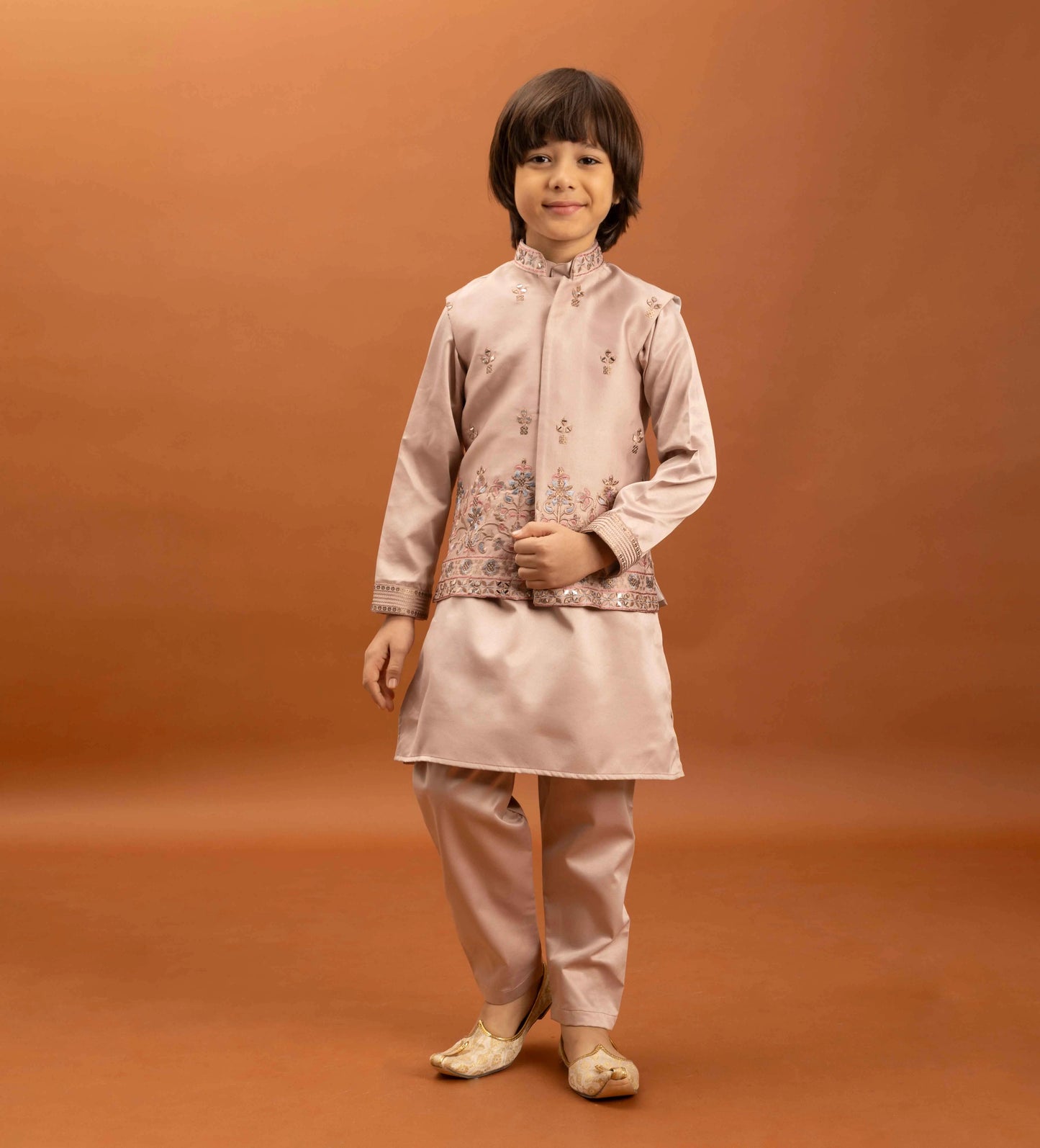 Rose Gold Kurta Set With Mirror & Sequins Embroidered Koti