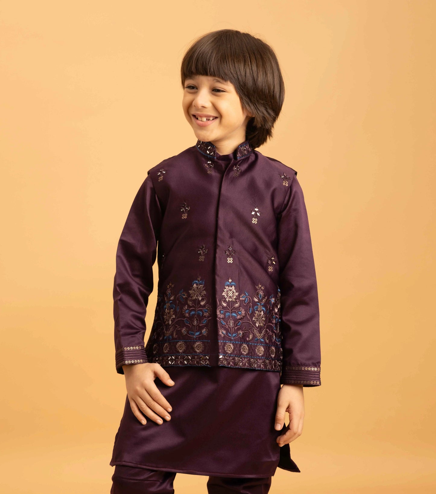 Purple Brown Kurta Set With Mirror & Sequins Embroidered Koti