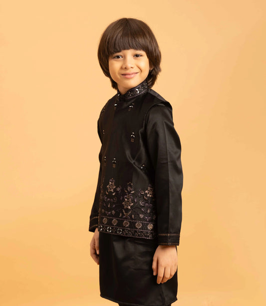 Black Kurta Set With Mirror & Sequins Embroidered Koti