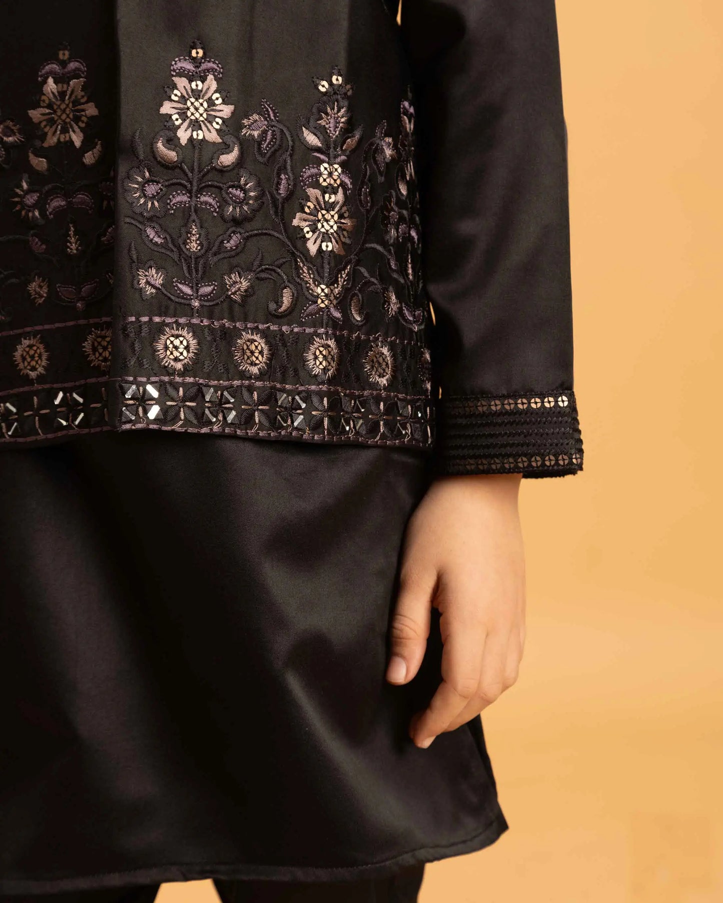 Black Kurta Set With Mirror & Sequins Embroidered Koti