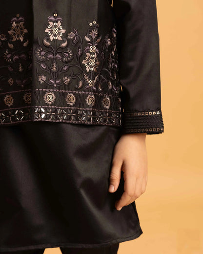 Black Kurta Set With Mirror & Sequins Embroidered Koti
