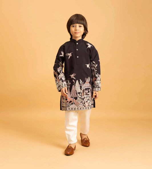 Black Thread Sequins Embroidery Work Kids Kurta Set