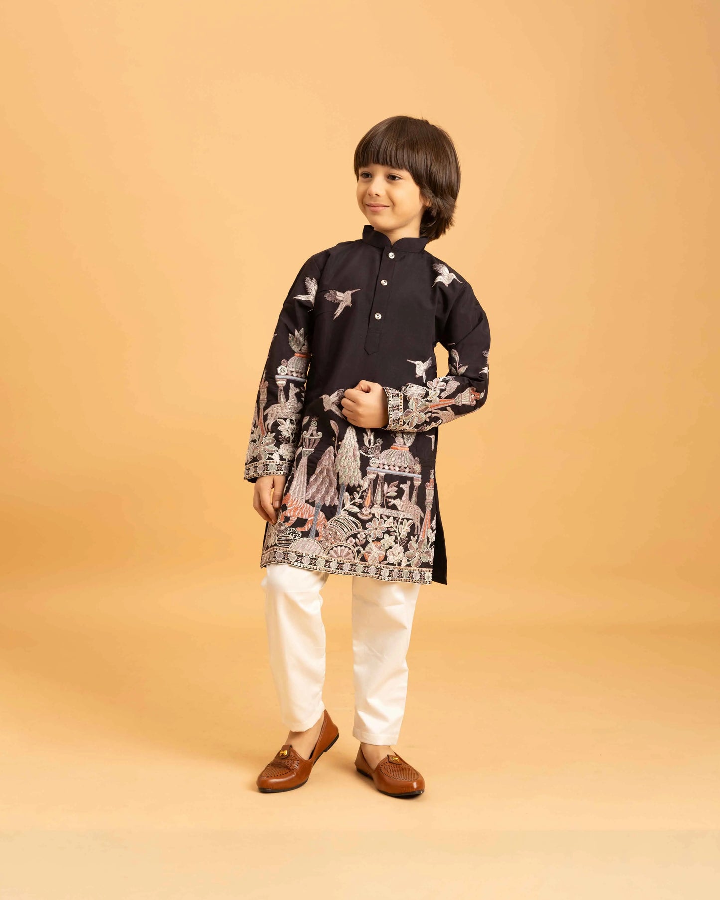 Black Thread Sequins Embroidery Work Kids Kurta Set