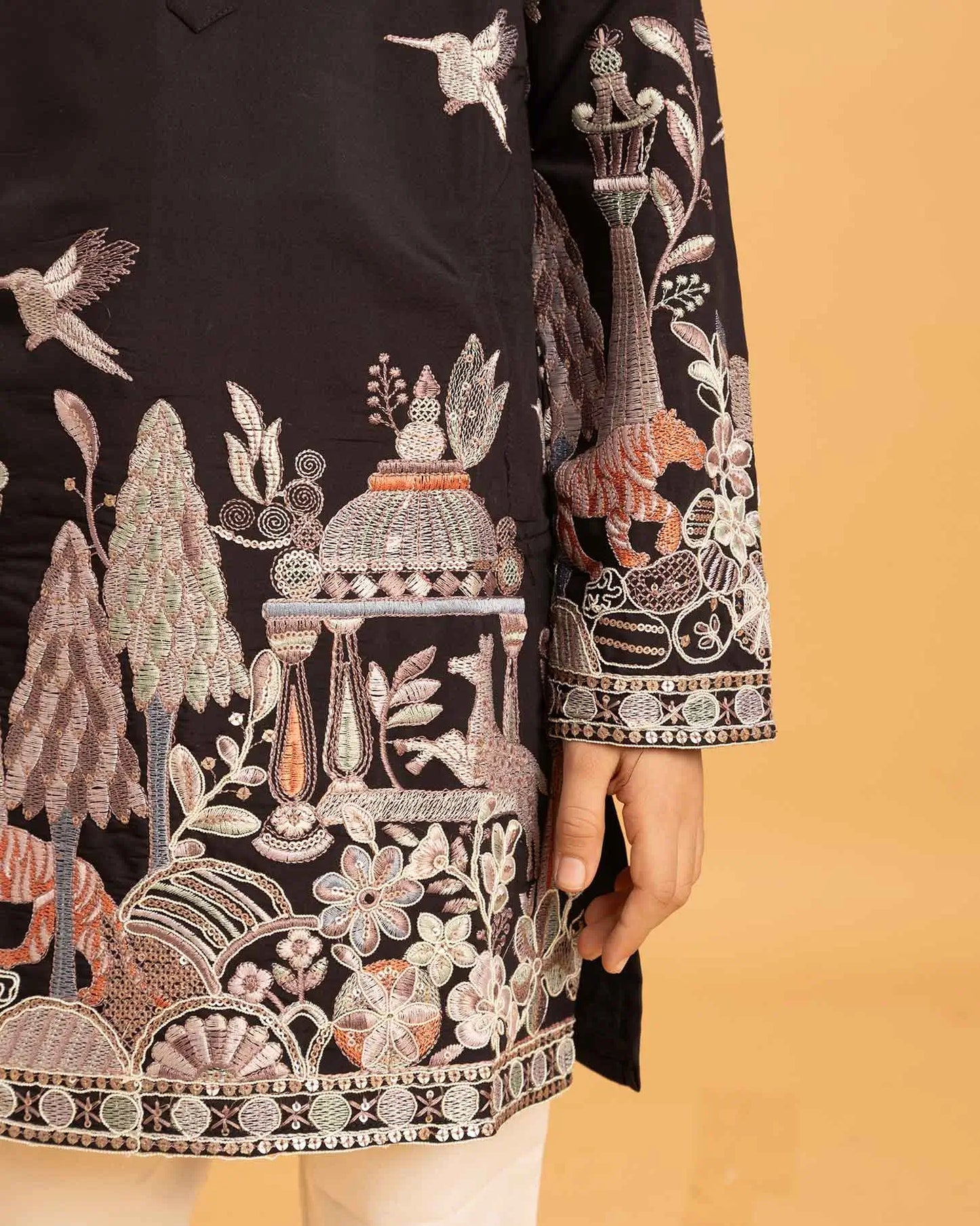 Black Thread Sequins Embroidery Work Kids Kurta Set