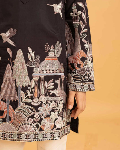 Black Thread Sequins Embroidery Work Kids Kurta Set