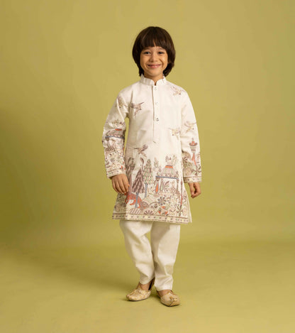 White Thread Sequins Embroidery Work Kids Kurta Set