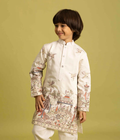 White Thread Sequins Embroidery Work Kids Kurta Set