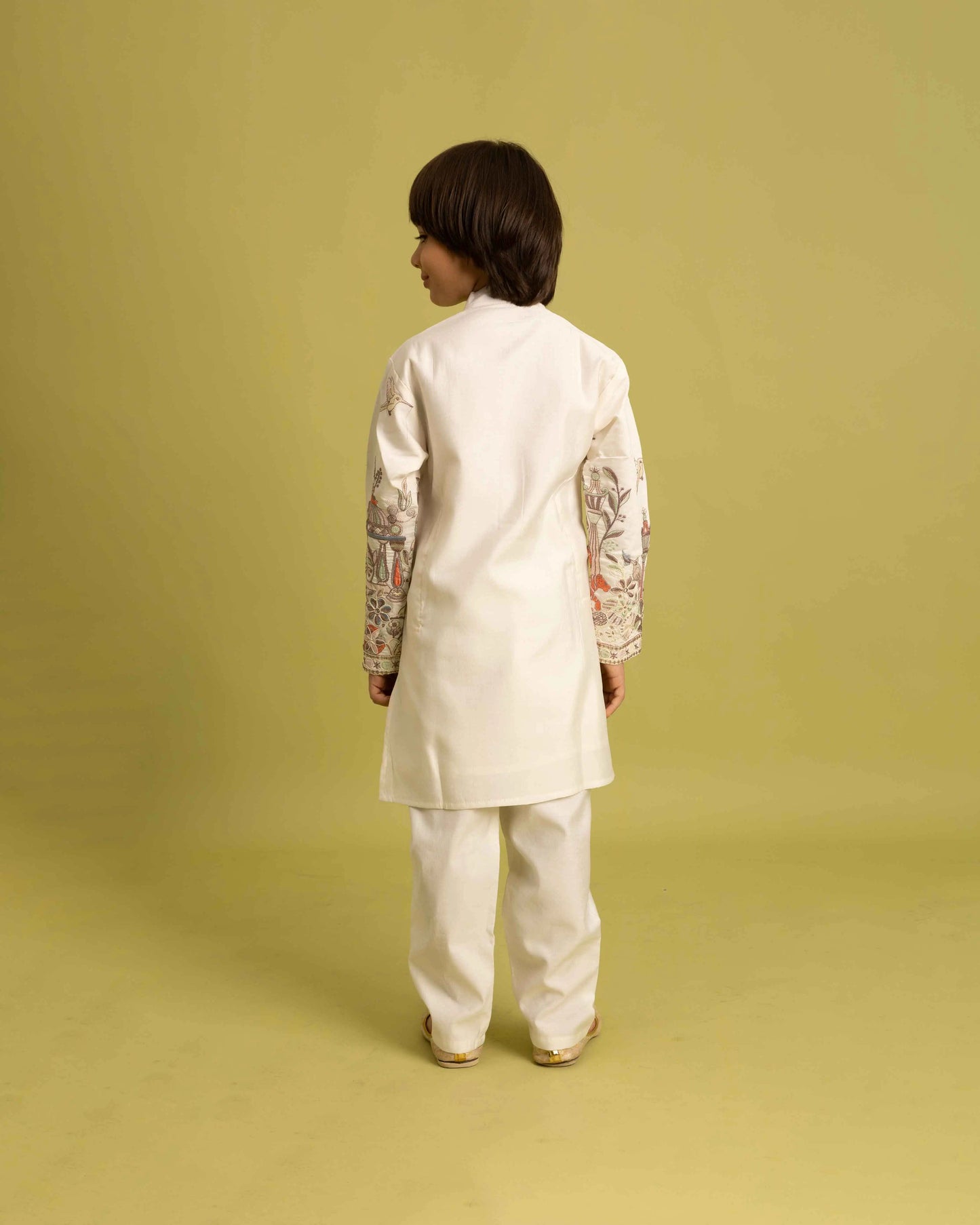White Thread Sequins Embroidery Work Kids Kurta Set