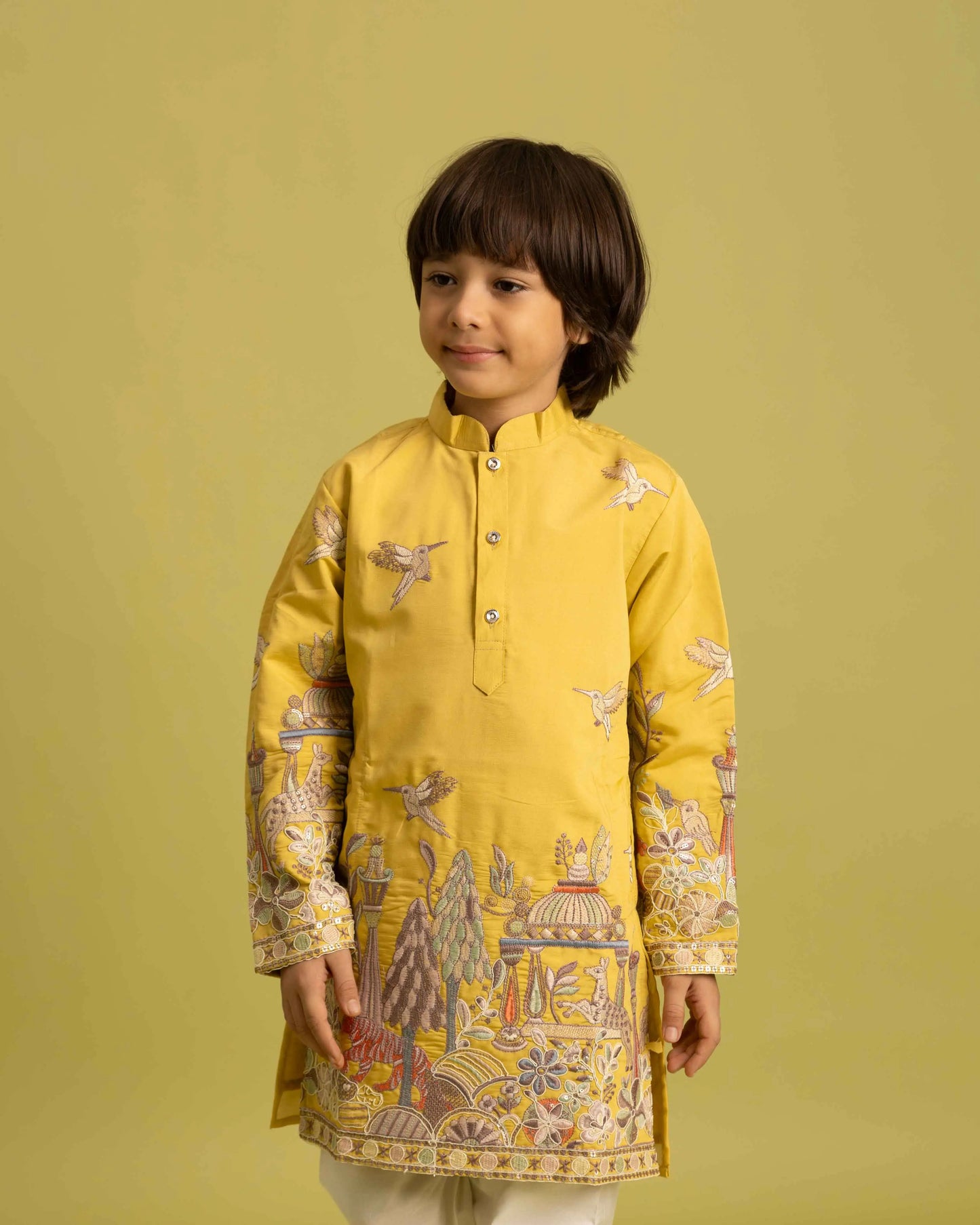 Yellow Thread Sequins Embroidery Work Kids Kurta Set