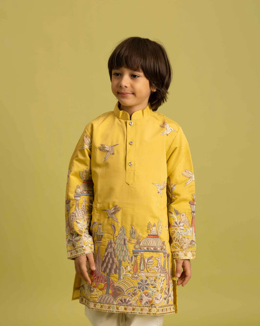 Yellow Thread Sequins Embroidery Work Kids Kurta Set