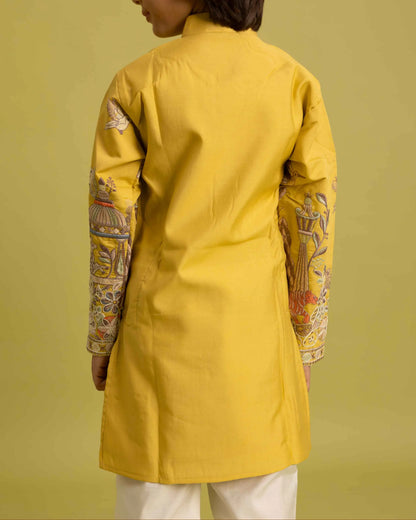 Yellow Thread Sequins Embroidery Work Kids Kurta Set