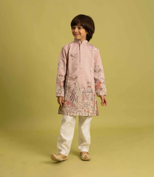 Peach Thread Sequins Embroidery Work Kids Kurta Set