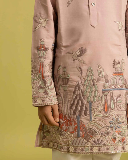 Peach Thread Sequins Embroidery Work Kids Kurta Set