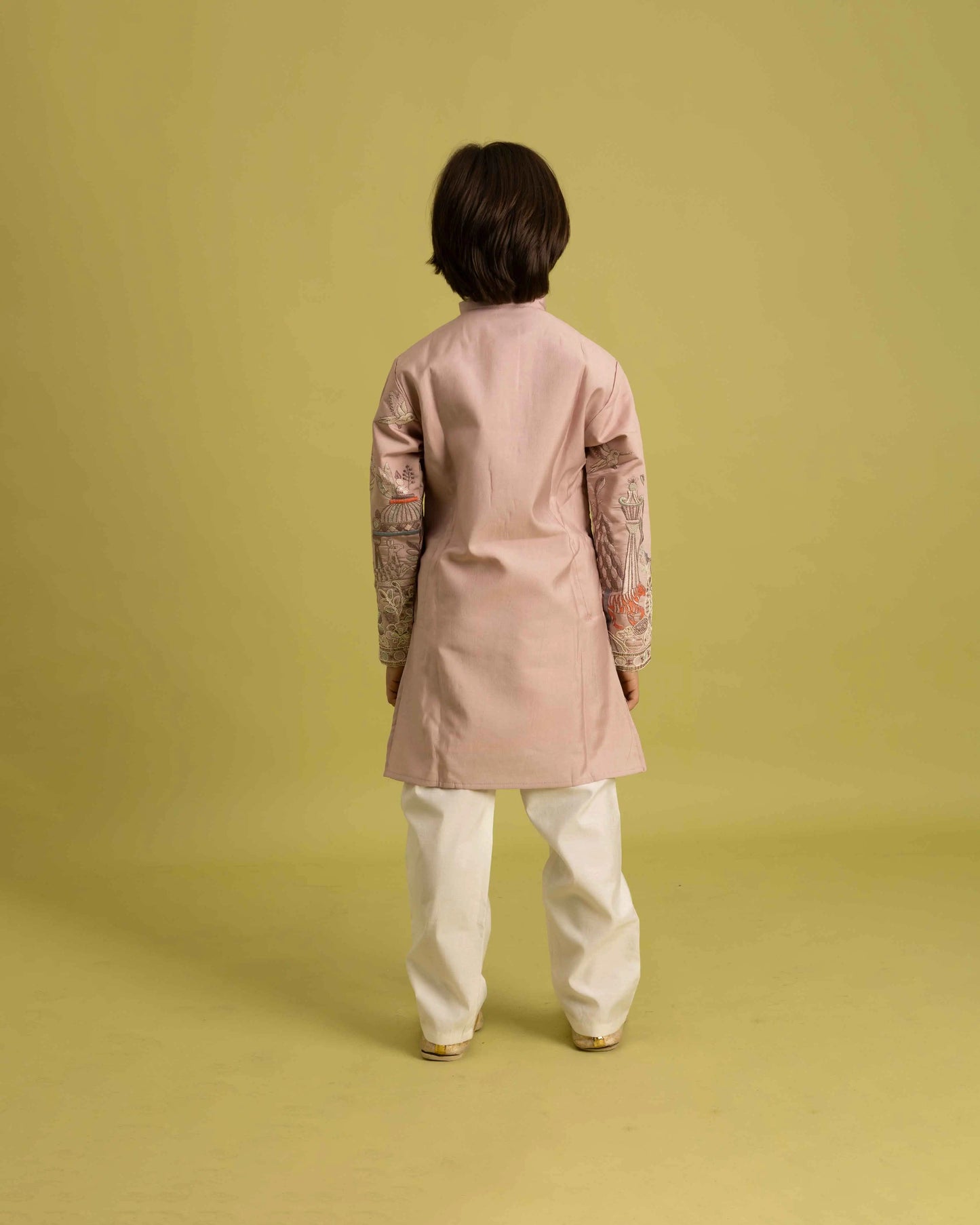 Peach Thread Sequins Embroidery Work Kids Kurta Set