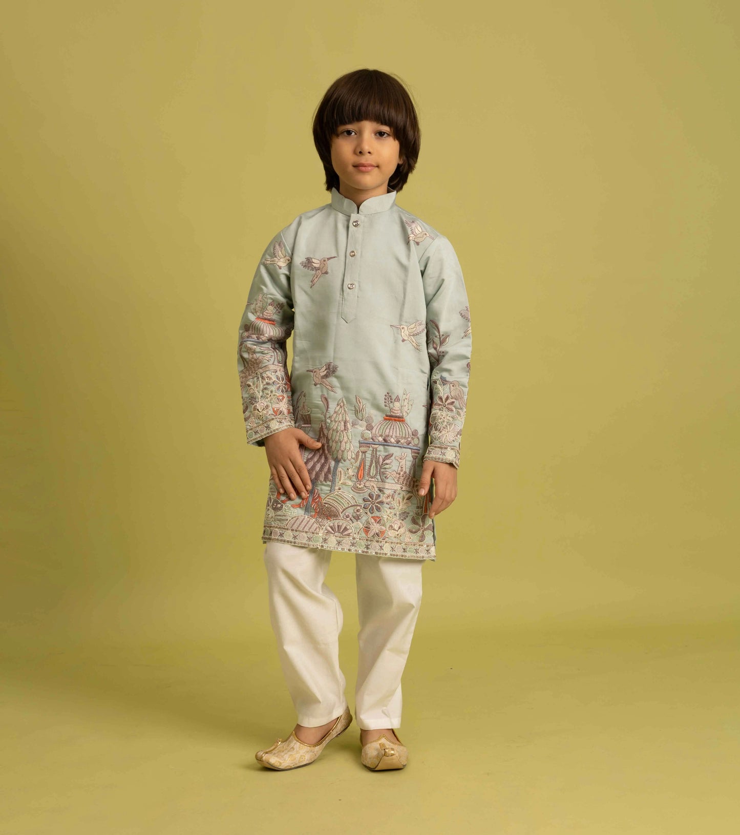 Pista Thread Sequins Embroidery Work Kids Kurta Set