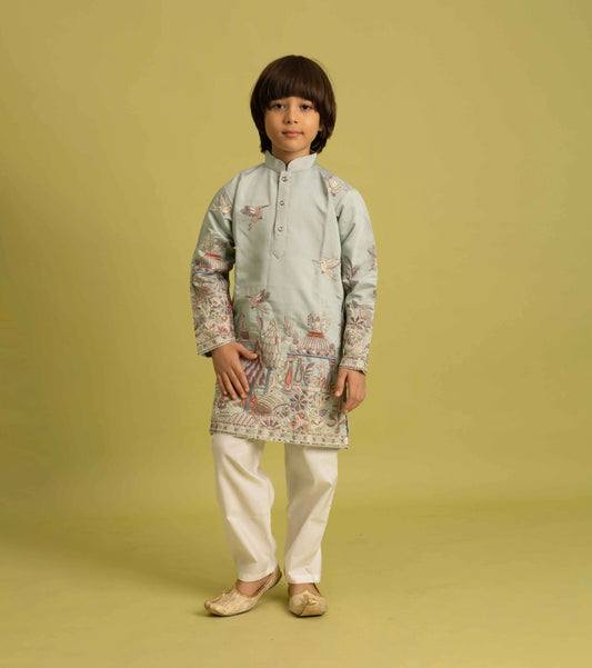 Pista Thread Sequins Embroidery Work Kids Kurta Set