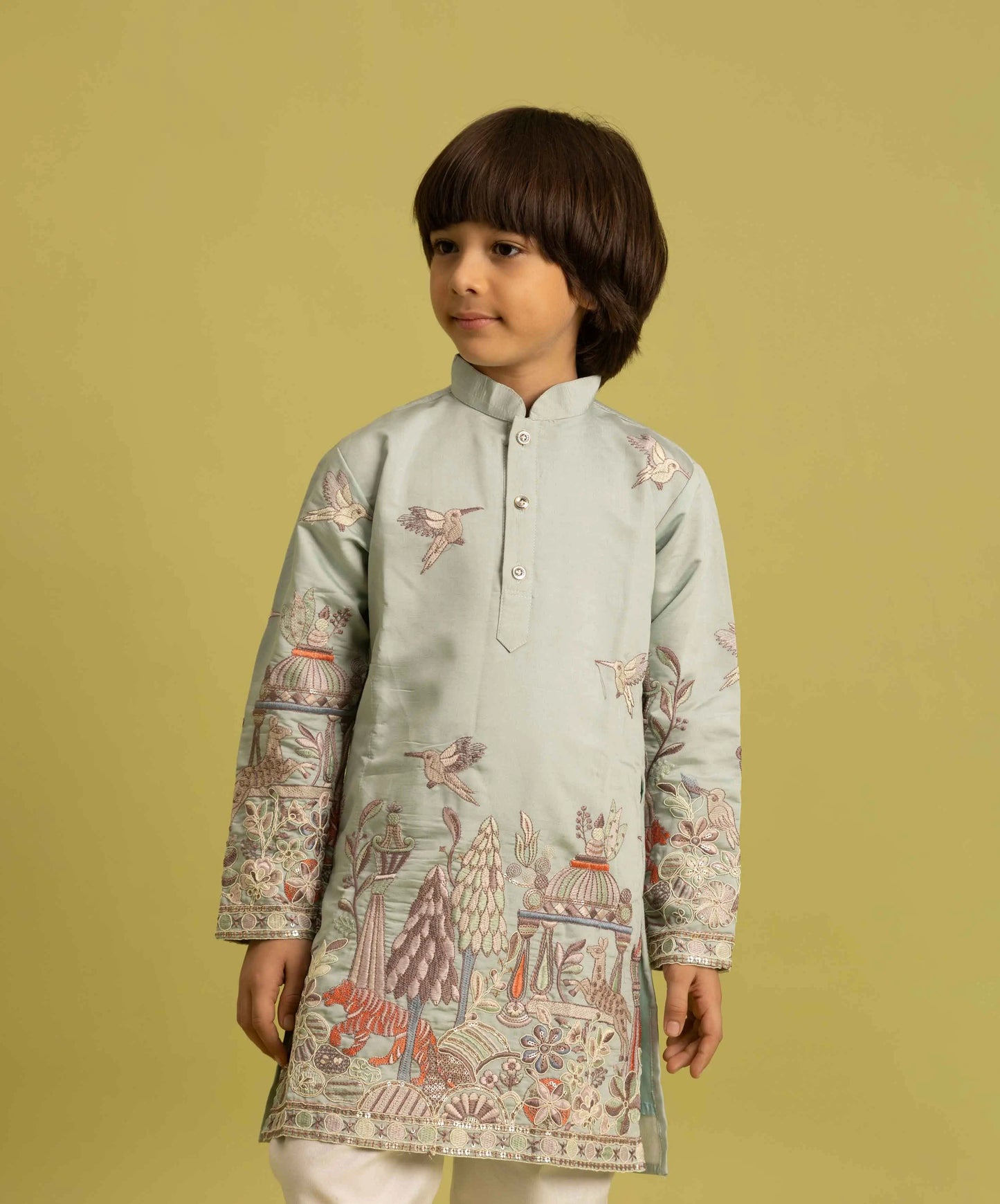 Pista Thread Sequins Embroidery Work Kids Kurta Set