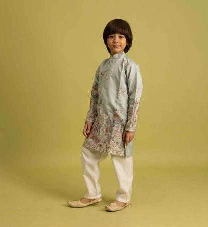 Pista Thread Sequins Embroidery Work Kids Kurta Set