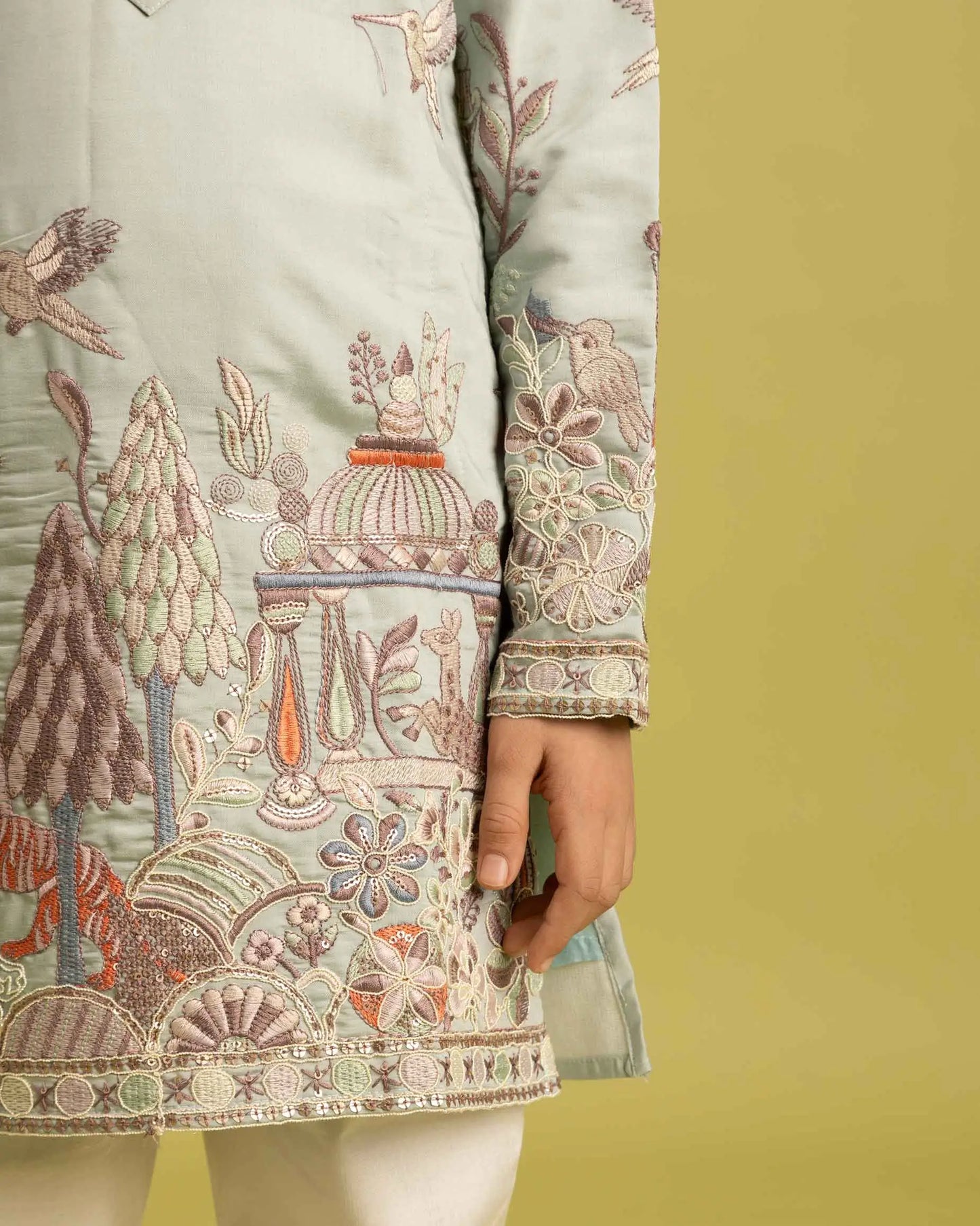 Pista Thread Sequins Embroidery Work Kids Kurta Set