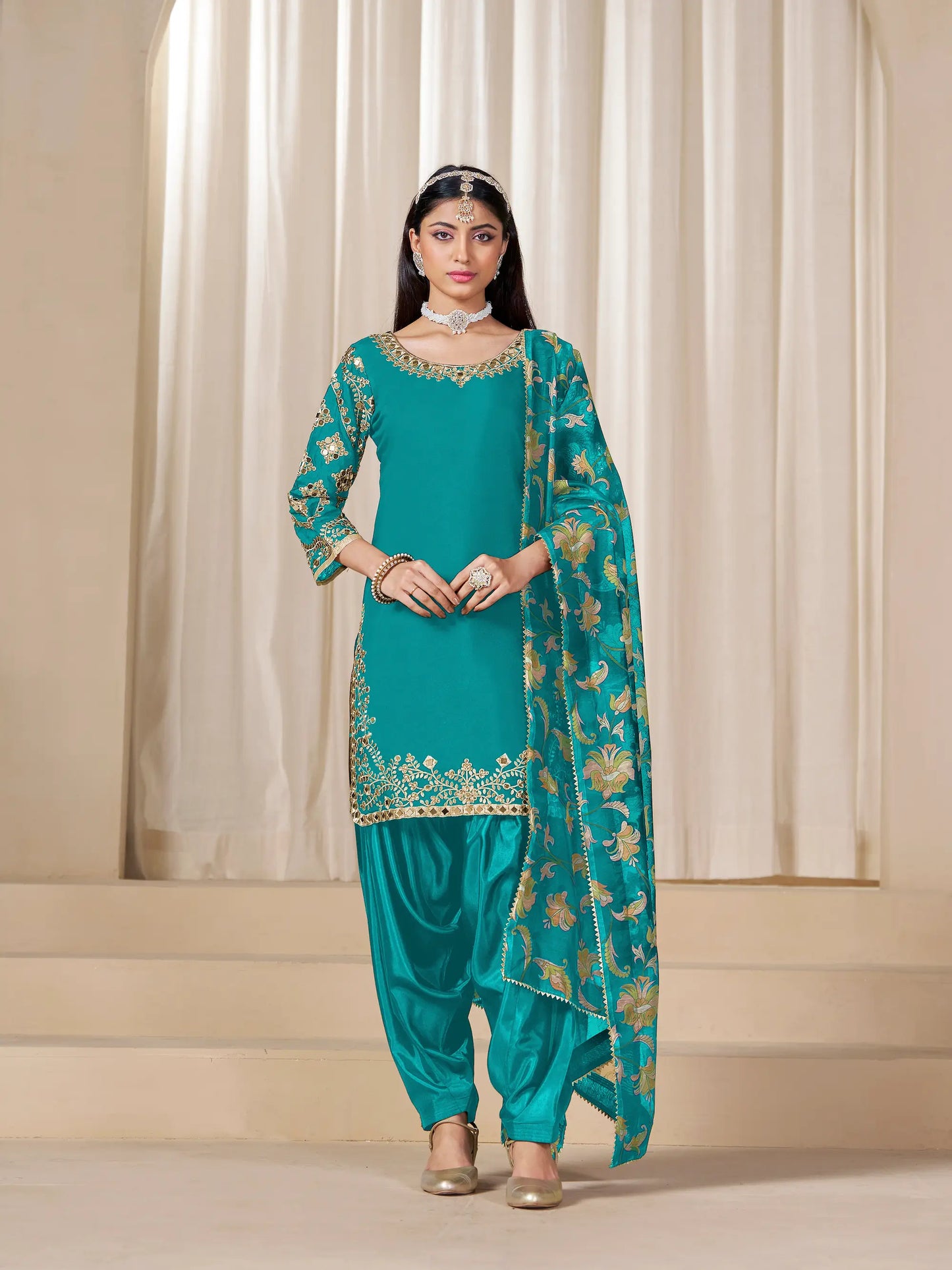 Teal Blue Roman Silk Embroidery Work Salwar Suit