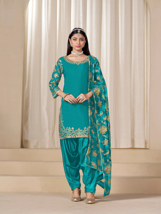 Teal Blue Roman Silk Embroidery Work Salwar Suit