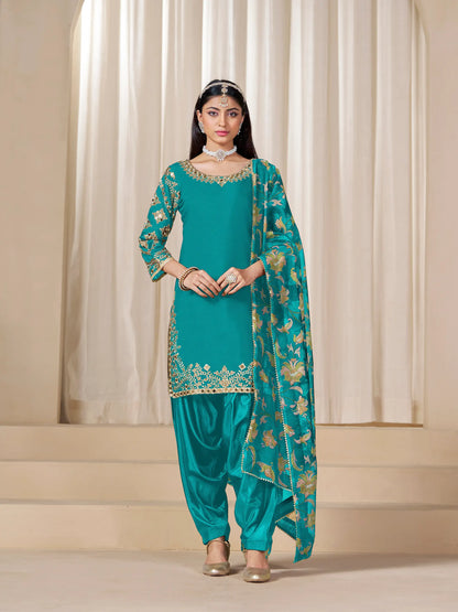 Teal Blue Roman Silk Embroidery Work Salwar Suit