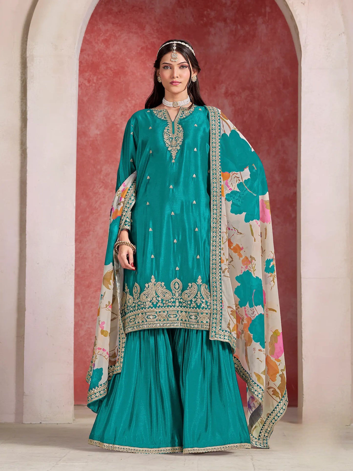 Teal Blue Chinon Embroidery Salwar suit With Organza Dupatta