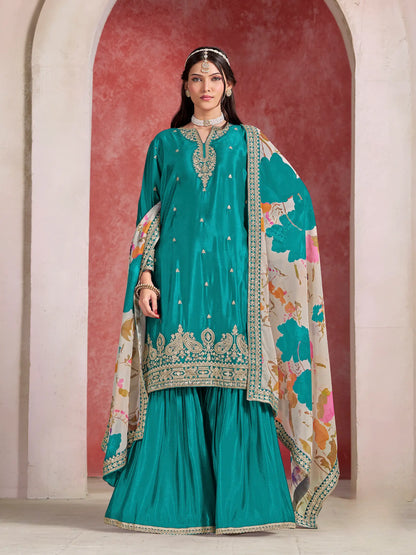 Teal Blue Chinon Embroidery Salwar suit With Organza Dupatta