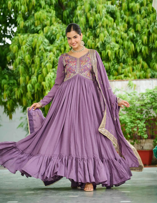 Lavender Sequins Embroidery Work Gown