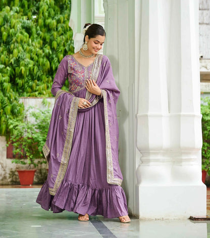 Lavender Sequins Embroidery Work Gown