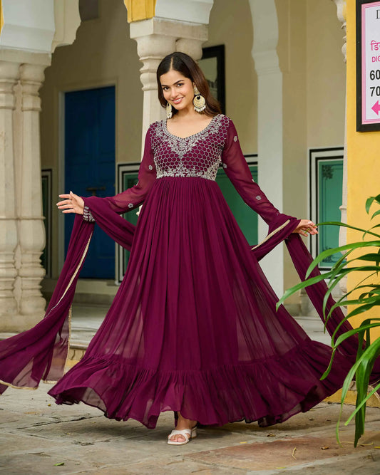 Dark Maroon Gown With Beads Embroidery Work