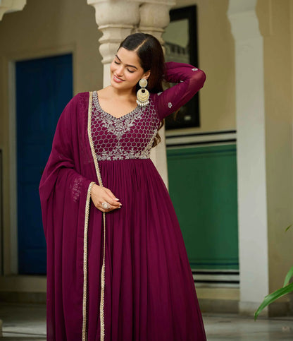 Dark Maroon Gown With Beads Embroidery Work