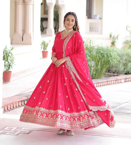 Pink Silk Gown With Sequins Embroidery Work