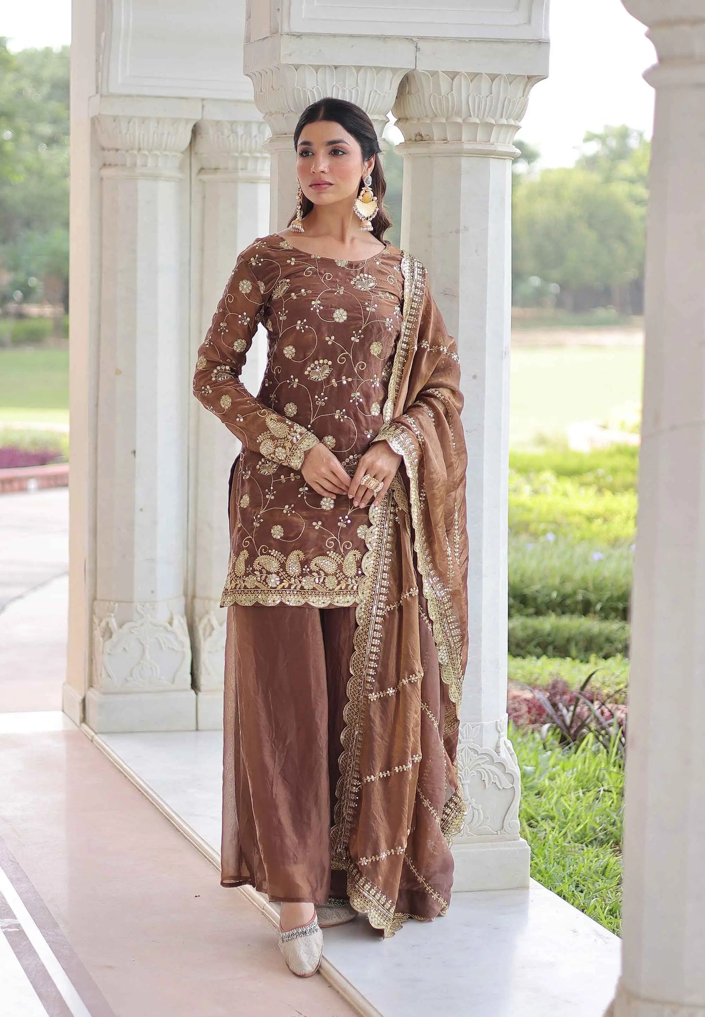 Shiny Brown Silk Sharara Suit With Embroidery Work