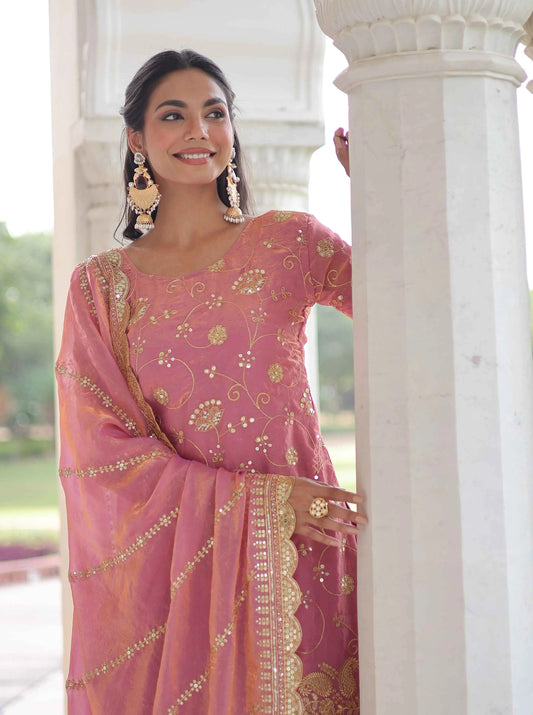 Tulip Pink Silk Sharara Suit With Embroidery Work